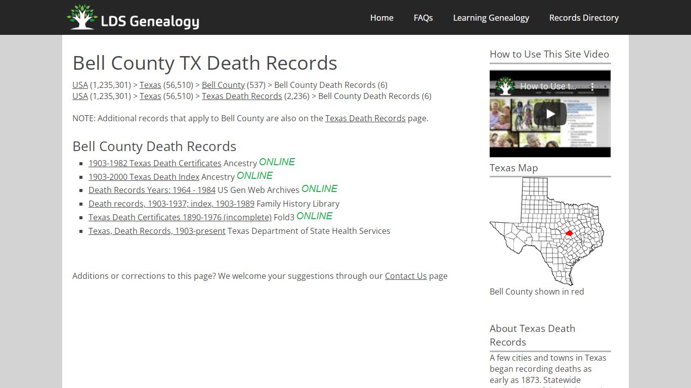 Bell County TX Death Records - LDS Genealogy