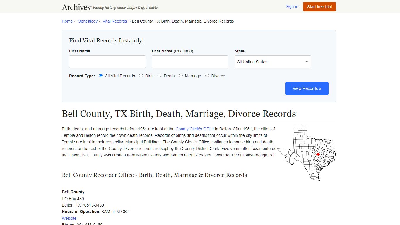 Bell County, TX Birth, Death, Marriage, Divorce Records - Archives.com